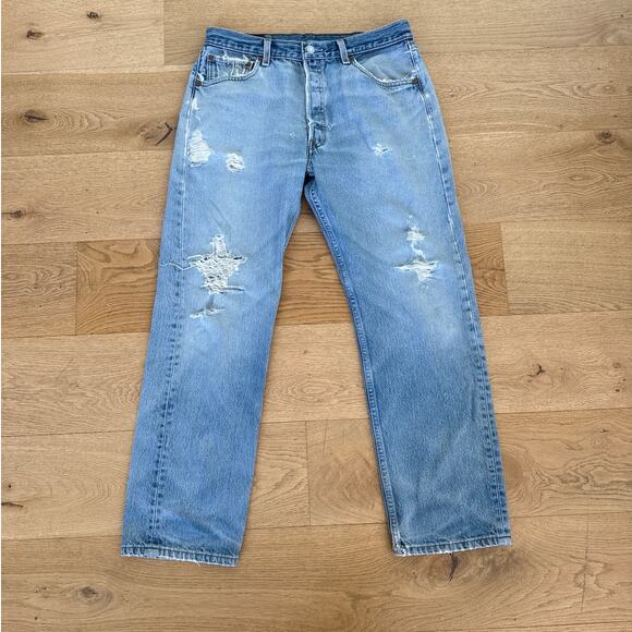 Levi’s - Distressed 501 xx Straight Leg Jeans in Blue - Picture 1 of 6